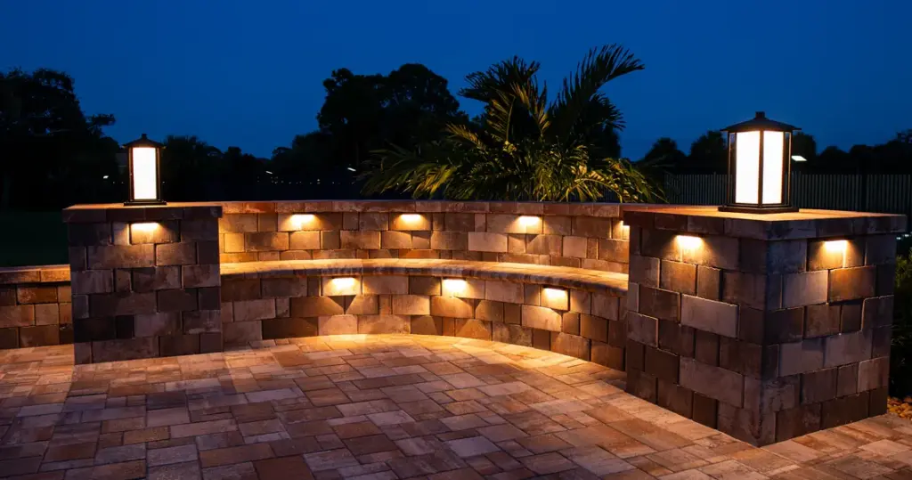 Curved paver seat wall with under-cap lights and pillar lanterns at night on a Melbourne, FL backyard patio