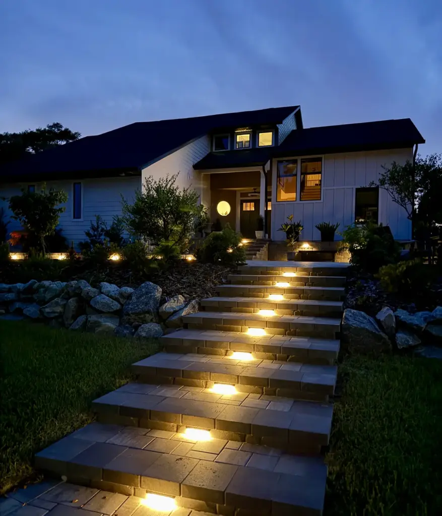 Paver steps with recessed step lights leading up to a Merritt Island, FL home at dusk